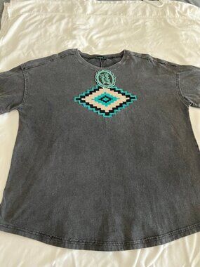 Sterling Kreek Aztec Graphic Tee Charcoal Turquoise Western Boho top NWT